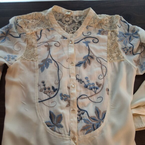 Anthropologie Timy Amarante Embroidered Shirt Dress W/ Metallic Gold Lace & Pear - Picture 5 of 11